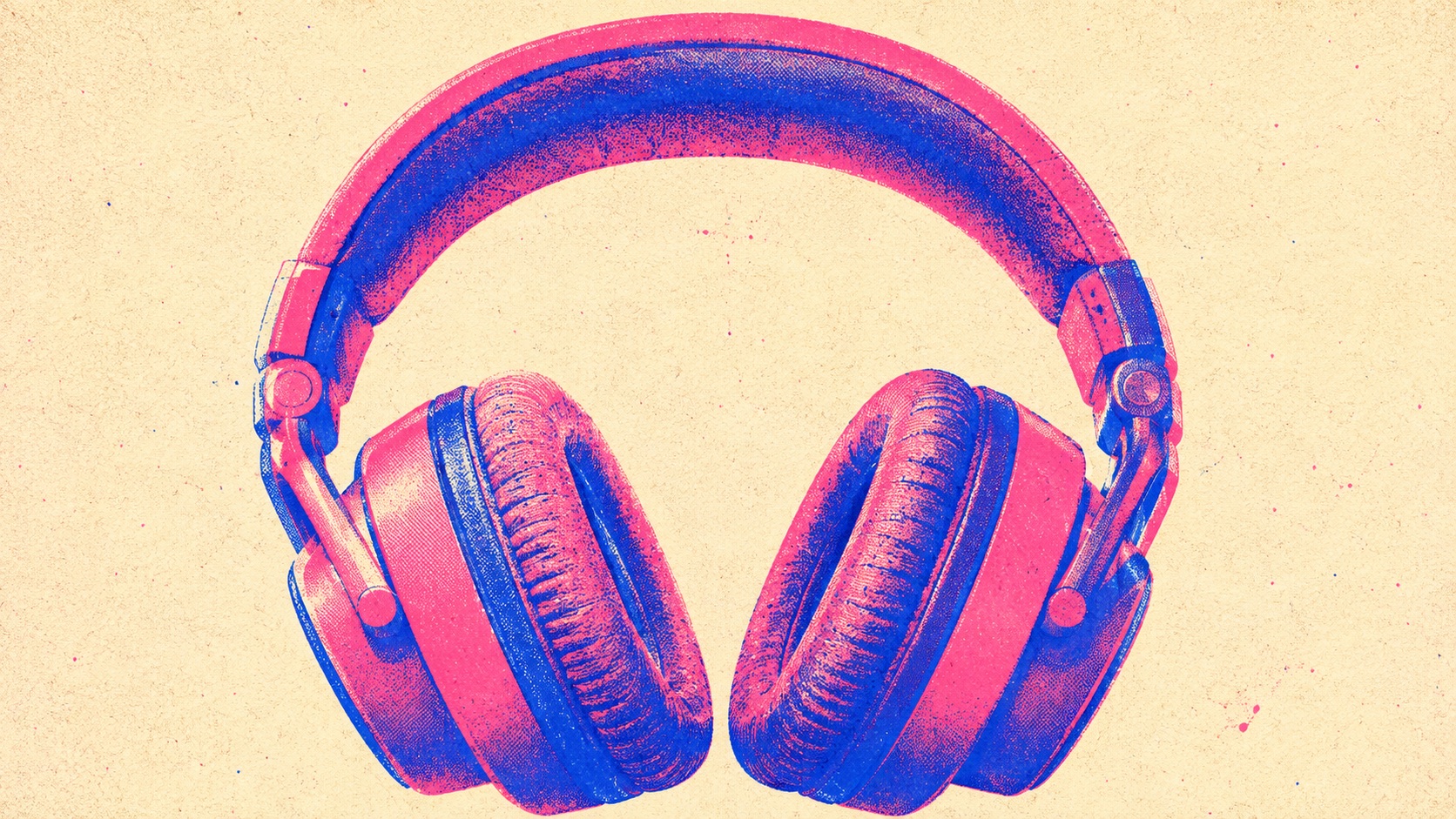 A pair of over-ear headphones, printed as a two-colour risograph