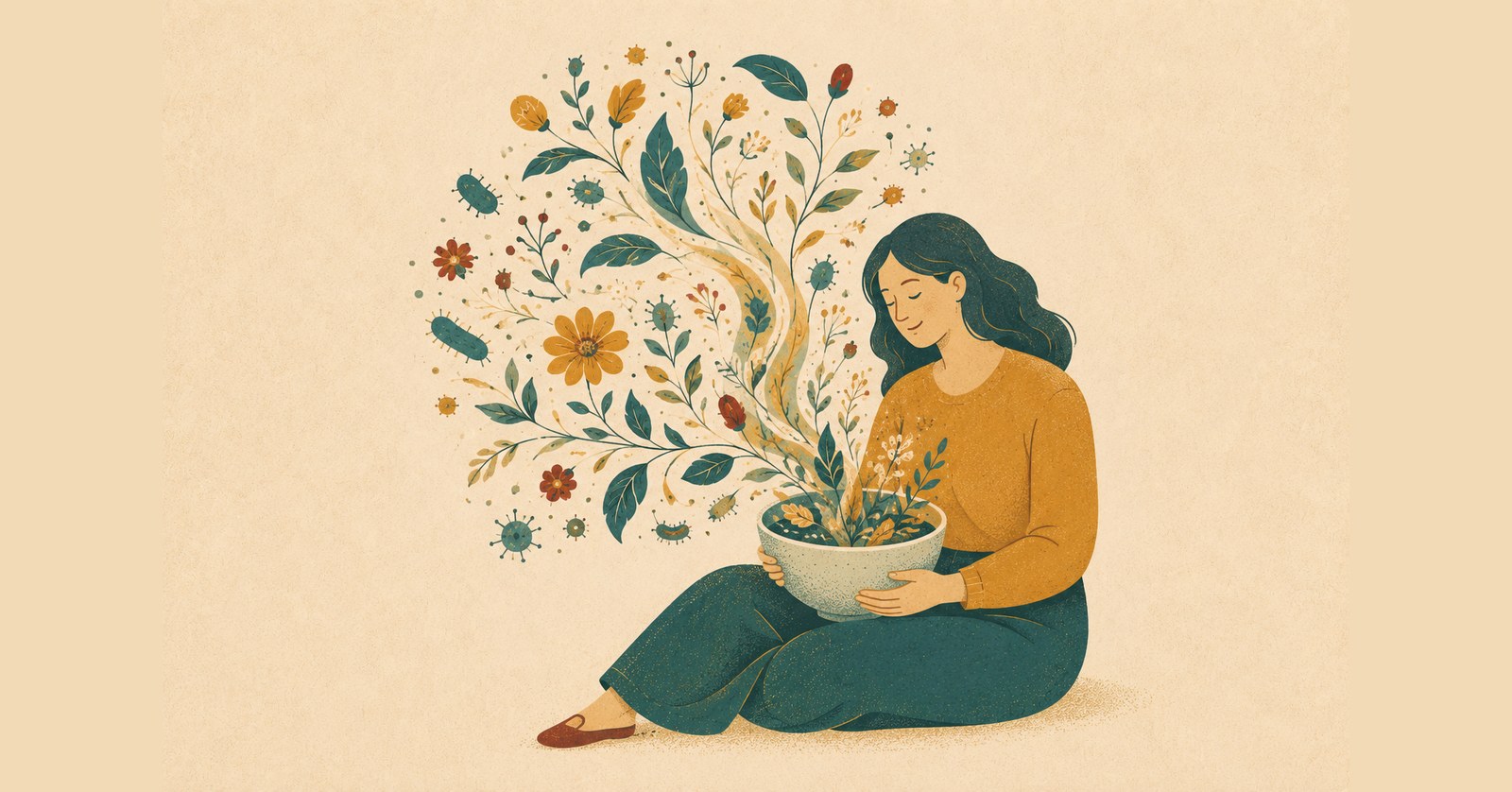 Illustration of a woman cradling a bowl of fresh garden vegetables and herbs, symbolizing gut-friendly whole foods.
